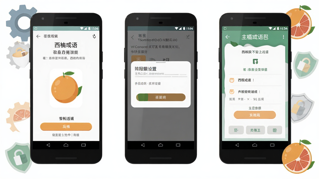 一幅展示西柚成语在安卓手机上安装与使用的教程图,画面分为三个并列的手机屏幕,分别展示安装界面、权限设置界面和主界面,手机周围环绕着齿轮、盾牌和西柚图标,布局采用横向排列构图,风格为扁平化信息图,细节包括屏幕上的文字说明、按钮高亮和图标纹理,画质为高清,画面干净清晰无多余元素