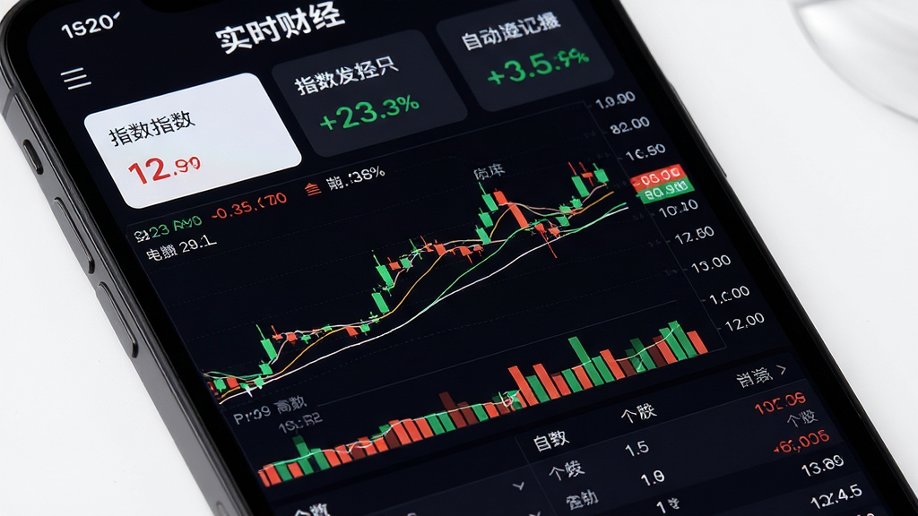 第一财经App实时行情页面,手机屏幕内展示股票K线图与自选股列表,红绿数字跳动,背景为深色专业金融风格,主体为手机界面特写,布局上方为指数卡片下方为个股列表,排版紧凑清晰,风格专业严谨,细节包含均线、成交量柱状图,画质高清,干净,无多余元素