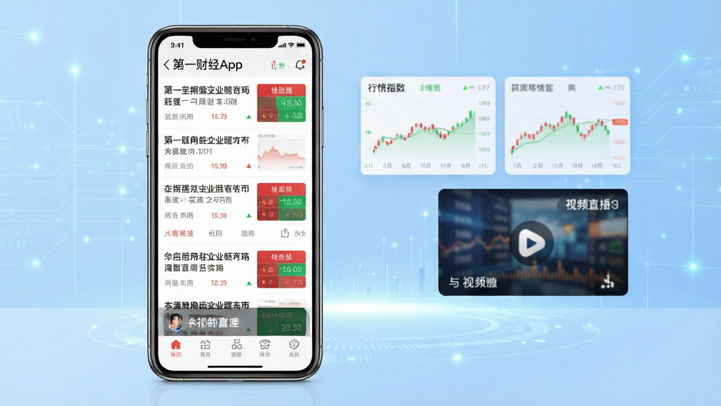 第一财经App主界面全貌展示,手机竖屏居中放置,屏幕内显示财经新闻列表、股市行情指数卡片与视频直播入口,背景为浅蓝色渐变科技感风格,布局简洁清晰,排版层次分明,风格现代商务,细节包含红绿涨跌色块与数据图表,画质高清,干净,无多余元素