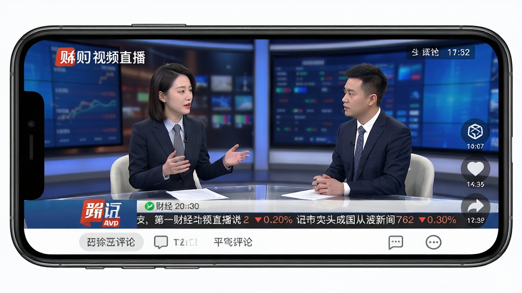 第一财经App视频直播界面,手机横屏展示财经节目直播画面,屏幕内为主持人与嘉宾访谈场景,下方有滚动字幕条,背景为演播室风格,主体为手机屏幕特写,布局上方为视频画面下方为互动评论区,风格新闻专业,细节包含台标与时间戳,画质高清,干净,无多余元素