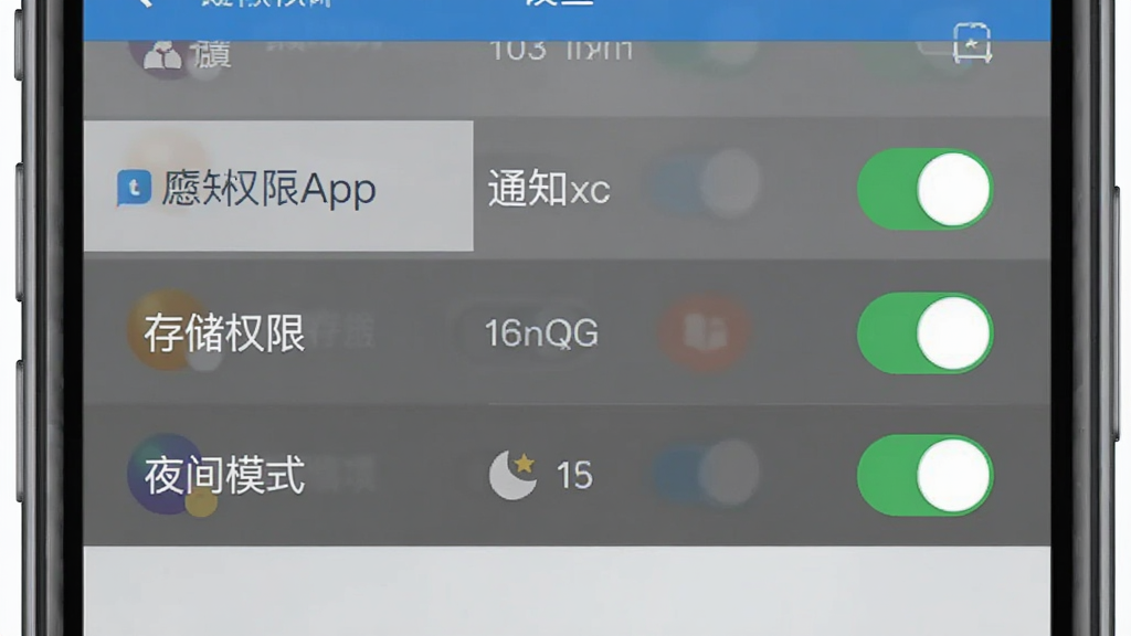 第一财经App操作指引示意图,手机屏幕内展示设置菜单与权限管理界面,主体为手机界面特写,布局左侧为菜单列表右侧为开关按钮,风格扁平化设计,细节包含通知权限、存储权限与夜间模式选项,画质高清,干净,无多余元素
