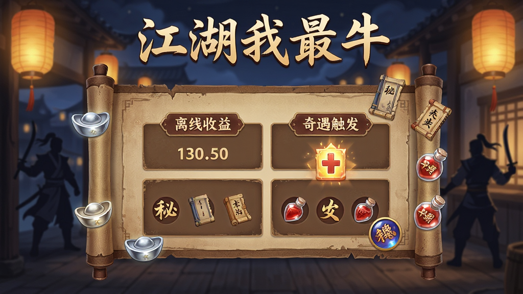 一幅表现武侠文字游戏挂机收益与奇遇事件的插画,画面中央是一个古风卷轴界面,卷轴上显示