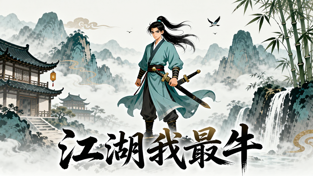 一幅以中国古代武侠江湖为主题的数字插画,画面中央是一位身穿青衫的年轻侠客站立在山巅,背后是层叠的远山与飘渺云海,左侧有古朴的客栈建筑,右侧有竹林与瀑布,画面下方用书法字体写着