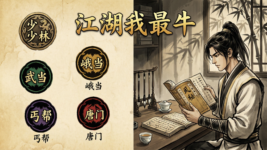 一幅展示武侠门派选择的文字游戏界面风格插画,画面分为左右两部分,左侧是五个不同颜色的门派徽章排列,分别标注