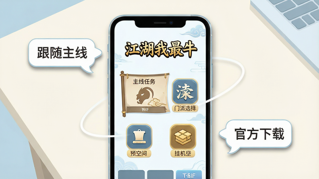 一幅展示手机文字游戏新手引导界面的插画,画面中央是一部智能手机,屏幕上显示