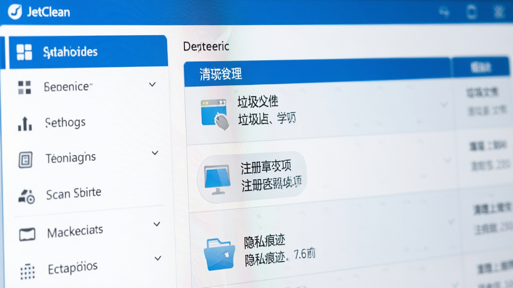 JetClean软件操作界面特写图,画面展示软件扫描完成后的结果页面,左侧为功能菜单,右侧显示垃圾文件、注册表项、隐私痕迹等分类清理结果,界面干净整洁,蓝白配色,排版清晰,风格简约商务,细节锐利,画质高清,无多余元素