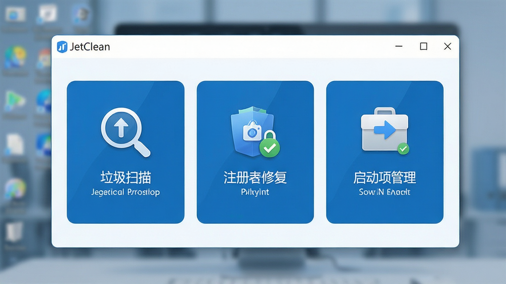 JetClean软件功能展示场景图,画面以软件界面截图为主体,突出显示垃圾扫描、注册表修复、启动项管理三个功能模块的图标与文字说明,界面风格清爽,蓝白配色,背景为半透明的电脑桌面虚化效果,整体排版整齐,风格简约商务,细节锐利,画质高清,干净无多余元素