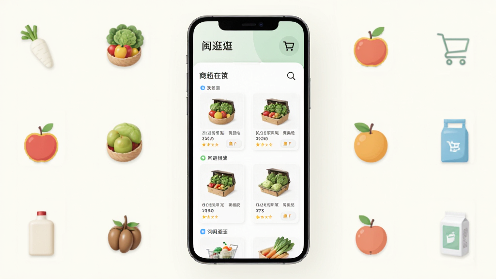 一张展示闽逛逛App商超在线浏览功能的界面示意图,画面主体为手机屏幕,屏幕中呈现整齐的商品分类列表和商品缩略图,旁边有放大镜搜索图标和购物车图标,背景为浅色系简约风格,手机周围点缀着蔬菜、水果、日用品等小型图标,整体布局规整,风格清新现代,画面干净无多余元素,高清画质。