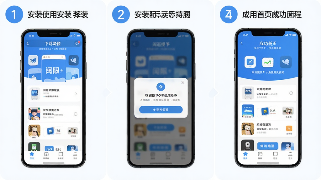 一幅闽逛逛App安装使用流程示意图,画面分为三个步骤区域,左侧展示手机下载安装界面,中间展示权限授予弹窗,右侧展示应用首页成功打开的界面,每一步用数字序号标注,整体风格简洁直观,以蓝白色调为主,背景干净,图标清晰,无多余装饰,高清画质,适合教程配图。