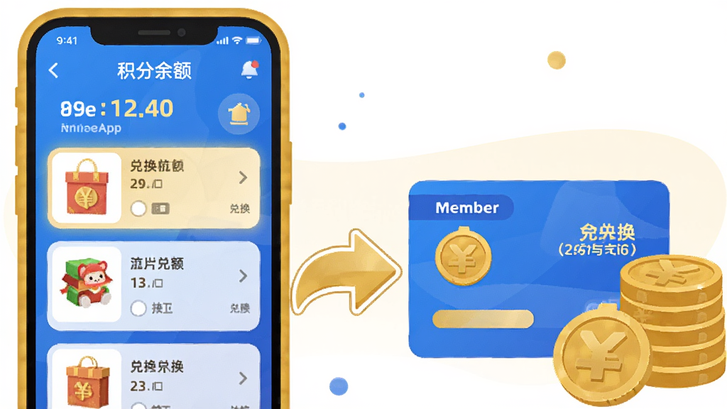 一幅表现闽逛逛App积分商城与会员权益的创意插画,画面左侧是手机屏幕显示积分余额和兑换商品列表,右侧是会员卡和积分金币堆叠的图案,中间用箭头连接表示积分累积与兑换流程,整体风格为卡通扁平化,色彩以金色和蓝色为主,背景简洁,元素清晰,无杂乱装饰,高清画质,适合应用介绍配图。