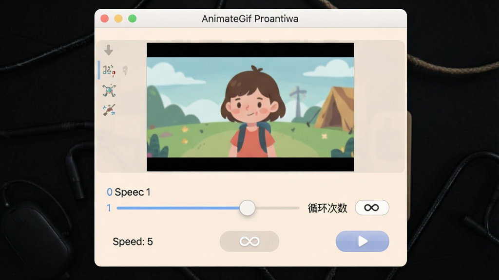 一张展示AnimateGif速度调节功能的图片,主体是软件界面中的参数设置区域,布局为上方预览动画、下方速度滑块与循环次数选项,排版居中对称,风格为浅色柔和界面,细节包括速度数值标签、无限循环图标、播放预览按钮,画质高清,画面干净,无多余元素