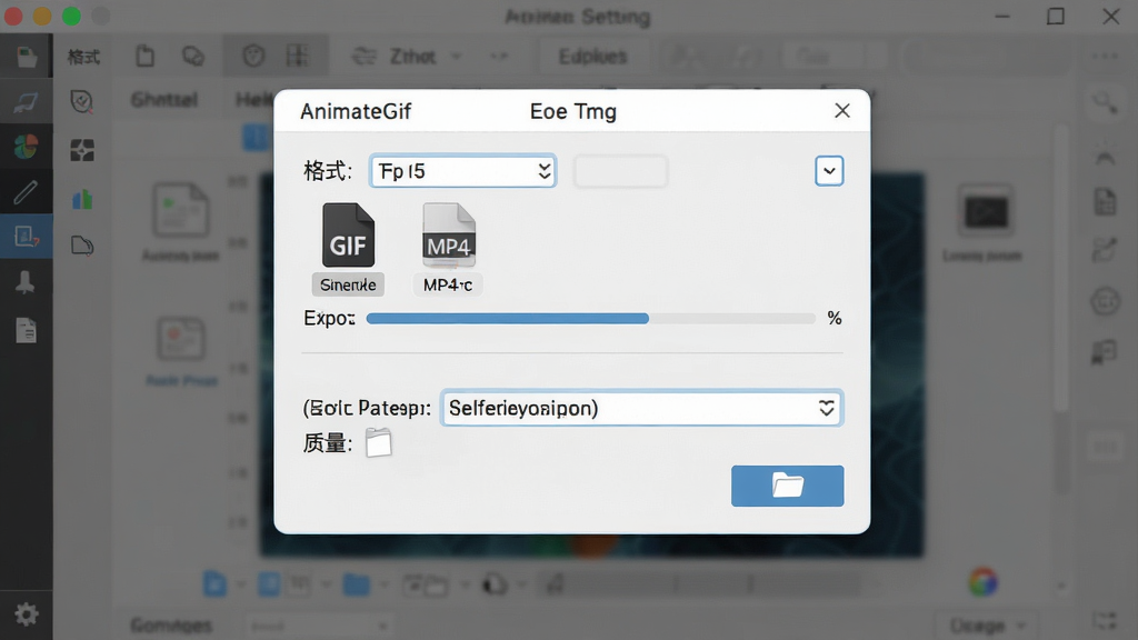 一张展示AnimateGif导出功能的图片,主体是软件界面的导出设置弹窗,布局为上方格式选择、下方保存路径与质量选项,排版简洁明了,风格为现代商务风,细节包括GIF和MP4格式图标、导出进度条、文件夹选择按钮,画质高清,画面干净,无多余元素