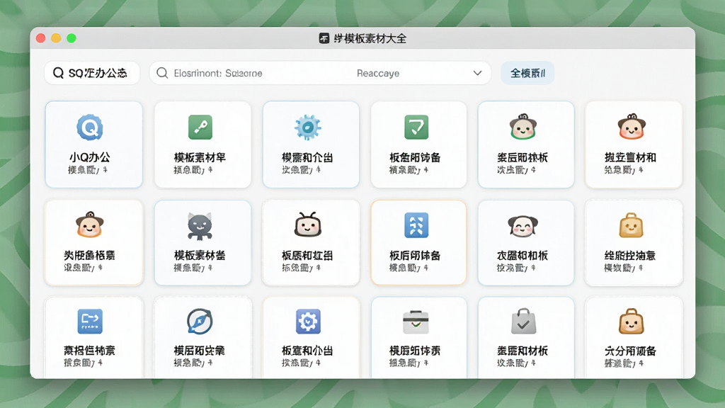 一张展示小Q办公 - 模板素材大全模板分类界面的图片,主体为软件窗口,布局分为顶部搜索栏和下方多行分类标签,排版采用卡片式网格,风格清新简洁,细节上每个分类卡片配有图标和文字说明,画质清晰,画面干净,无多余元素