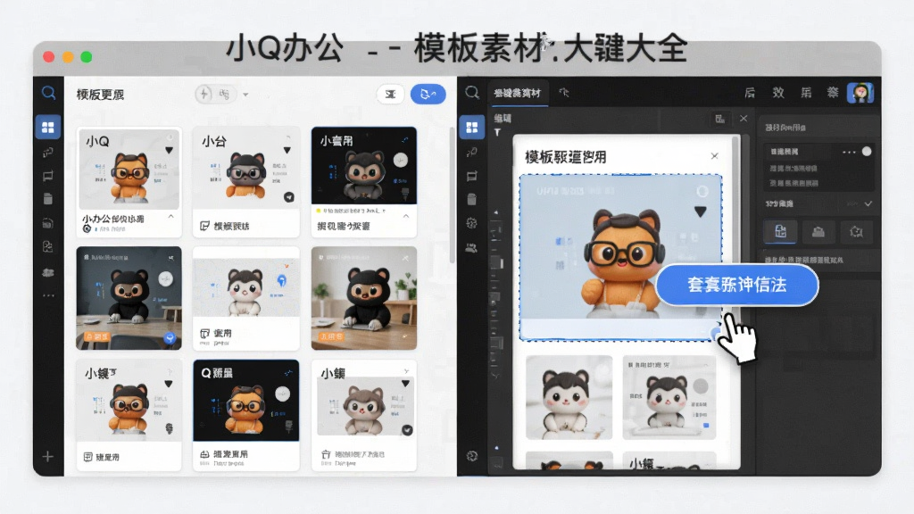 一张展示小Q办公 - 模板素材大全一键套用功能的图片,主体为软件操作界面,布局为左侧模板预览和右侧编辑区域,排版采用分栏设计,风格简洁高效,细节上显示鼠标点击套用按钮的示意和模板内容自动填充的效果,画质清晰,画面干净,无多余元素
