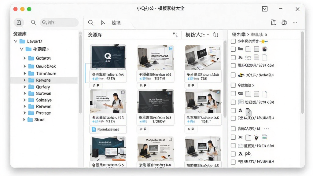 一张展示小Q办公 - 模板素材大全本地资源管理界面的图片,主体为软件资源库窗口,布局为左侧文件夹树和右侧文件列表,排版规整清晰,风格商务简约,细节上显示多个已下载模板缩略图和存储路径信息,画质高清,画面干净,无多余元素