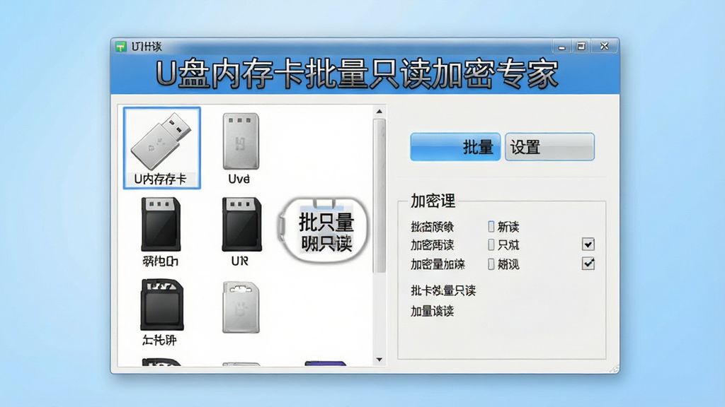 一张展示U盘内存卡批量只读加密专家软件界面的图片,画面中央是软件主窗口,左侧显示U盘和内存卡图标列表,右侧有批量只读设置按钮和加密选项,背景是干净的浅蓝色渐变,整体风格简洁专业,界面文字清晰标注“U盘内存卡批量只读加密专家”和“批量只读”字样,画质高清,无多余元素