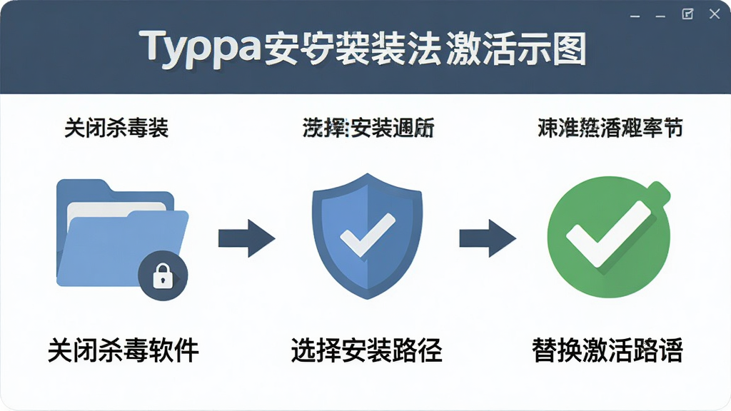 一张展示Typora安装激活步骤的示意图,画面分为三个步骤,第一步关闭杀毒软件,第二步选择安装路径,第三步替换激活文件,每个步骤配有简洁图标和文字说明,风格为扁平化教程插图,细节包括文件夹图标、盾牌图标和勾选标记,画质清晰,布局清晰易读
