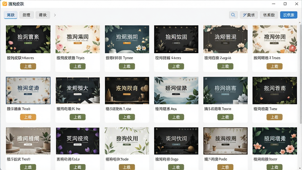一张展示搜狗皮肤编辑器素材库的图片,主体是软件内的模板选择界面,布局为网格状排列的皮肤缩略图,排版整齐,风格为清新明亮,细节包括多种风格模板预览、分类标签、下载按钮,画质清晰,干净无多余元素