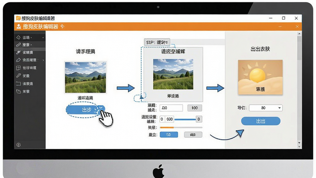 一张展示搜狗皮肤编辑器新手操作步骤的图片,主体是电脑屏幕上的软件界面截图,布局为分步操作指引,排版清晰,风格为教程类,细节包括鼠标点击按钮、导入图片、调整参数、导出皮肤等步骤,画质高清,干净整洁,无多余元素