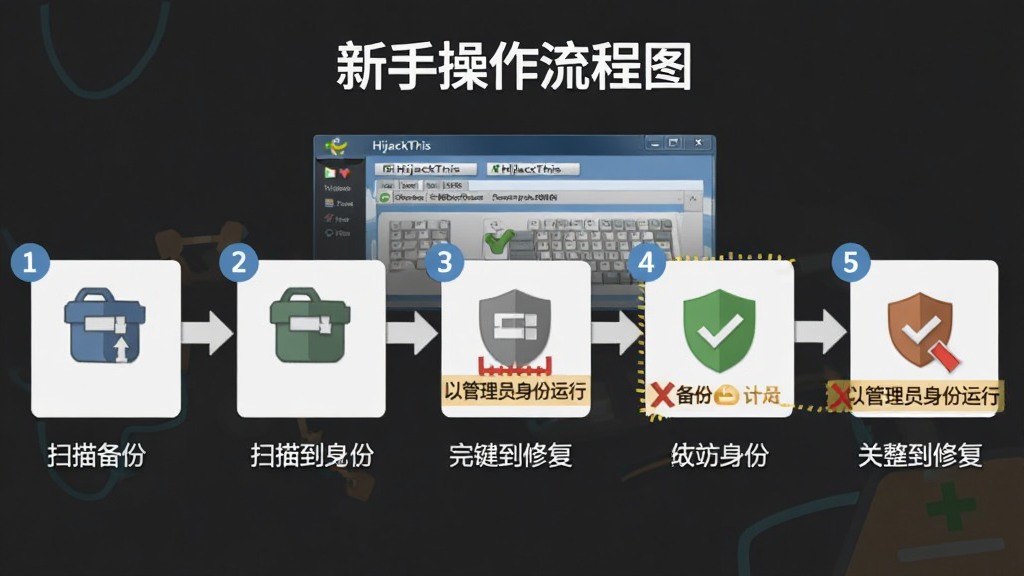 新手操作流程图,画面以首页绑架克星(HijackThis)软件界面为核心,用箭头和步骤编号展示从扫描到修复的完整流程,每一步旁边有简短的文字说明,风格为扁平化信息图,布局上从左到右依次排列五个步骤,细节上重点标注“备份”和“以管理员身份运行”两个关键操作,画质清晰,干净,无多余元素