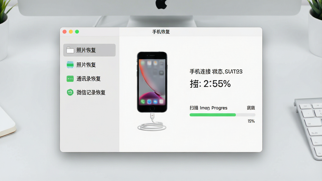 一张展示苹果手机数据恢复软件主界面的图片,画面中央是软件窗口,左侧显示功能分类菜单,包括照片恢复、通讯录恢复、微信记录恢复等选项,右侧显示手机连接状态与扫描进度条,背景为简洁的浅灰色办公桌面,风格为干净现代的软件界面截图风格,细节包含手机图标、数据线、进度百分比数字,画质清晰,干净,无多余元素