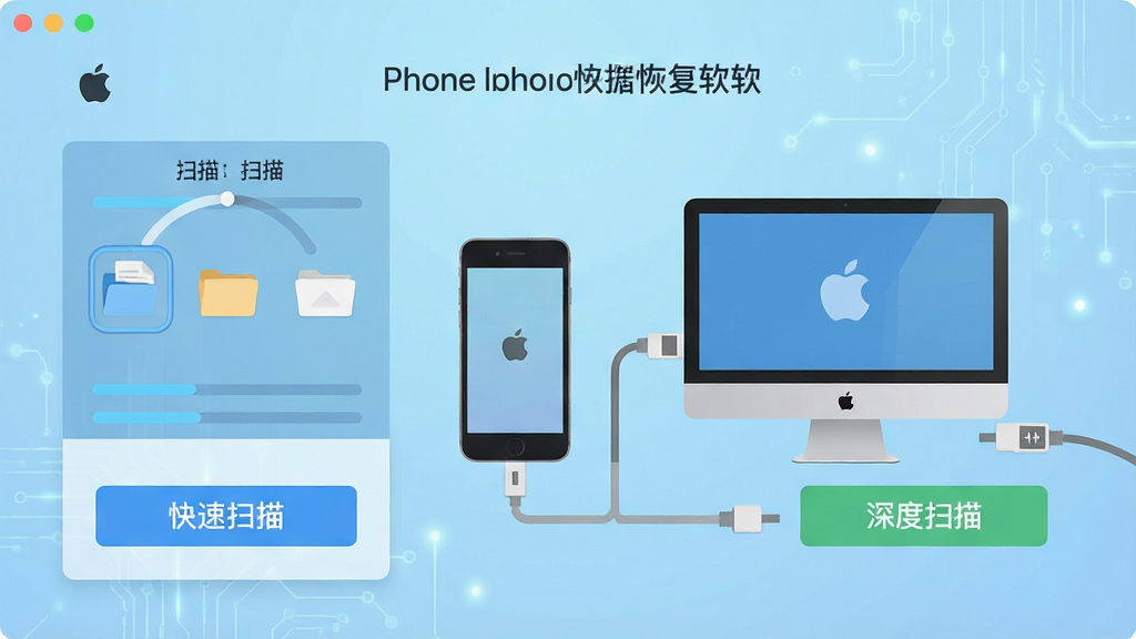 一张展示苹果手机数据恢复软件扫描模式的界面图,画面左侧为快速扫描按钮,右侧为深度扫描按钮,中间有手机与电脑连接示意图,背景为浅蓝色科技感渐变,风格为扁平化软件界面设计,细节包含扫描进度动画、文件图标、数据线连接标识,画质清晰,干净,无多余元素