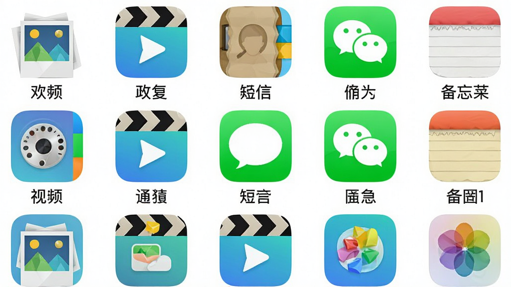 一张展示苹果手机数据恢复软件支持的数据类型图标集合图,画面以网格形式排列照片、视频、通讯录、短信、微信、备忘录等图标,每个图标下方有中文标签,背景为白色,风格为扁平化图标设计,细节包含彩色图标、清晰文字标注,画质清晰,干净,无多余元素