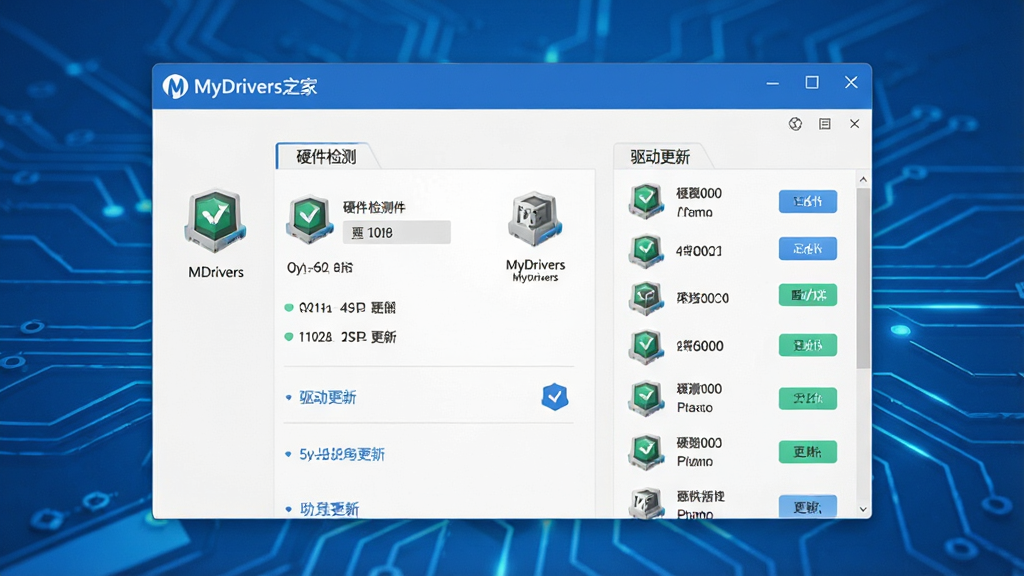 一张展示MyDrivers驱动之家软件主界面的图片,画面中央是软件窗口,窗口内显示硬件检测结果和驱动更新列表,背景是简洁的蓝色科技风格桌面,整体布局清晰,排版整齐,风格为现代软件界面展示,细节包括驱动图标、硬件型号文字和更新按钮,画质高清,干净,无多余元素