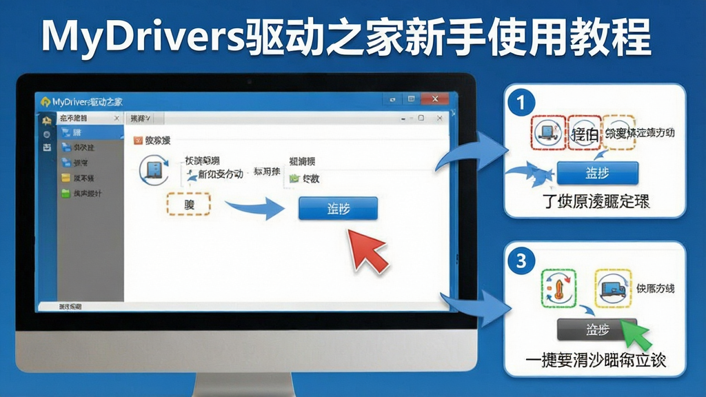 一张展示MyDrivers驱动之家新手使用教程的图片,画面中电脑屏幕上显示软件操作步骤示意图,主体为软件界面和操作箭头,布局为分步图解式,风格为简洁明了的教学风格,细节包括步骤编号、按钮高亮和文字说明,画质高清,干净,无多余元素
