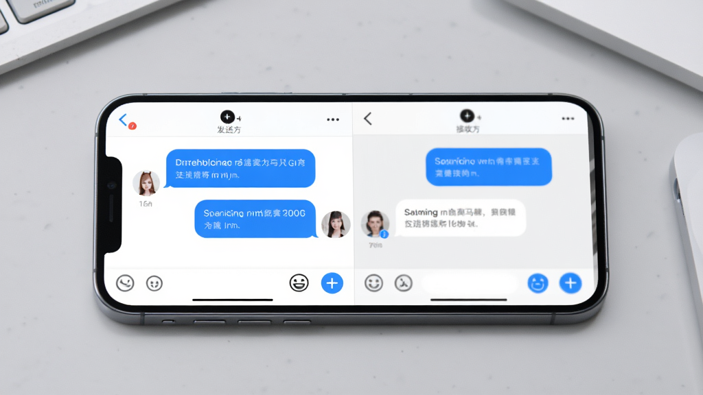 小马APP即时聊天功能展示图,画面中一部手机横向放置,屏幕上显示两个聊天窗口,左侧是发送方界面,右侧是接收方界面,消息气泡有蓝色和白色两种,底部有表情和加号图标,背景为浅灰色工作台面,风格简洁科技感,画质高清,干净无杂乱元素