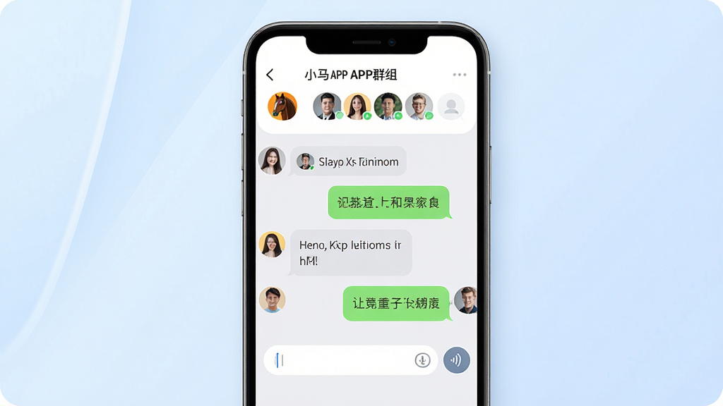 小马APP群组聊天界面展示,画面中央是一部手机,屏幕显示一个群聊窗口,顶部有群名称和成员头像排列,中间是多人对话气泡,底部有输入框和语音按钮,背景为淡蓝色渐变,风格清爽现代,细节包括圆角卡片和细腻的图标,画质清晰,无多余装饰