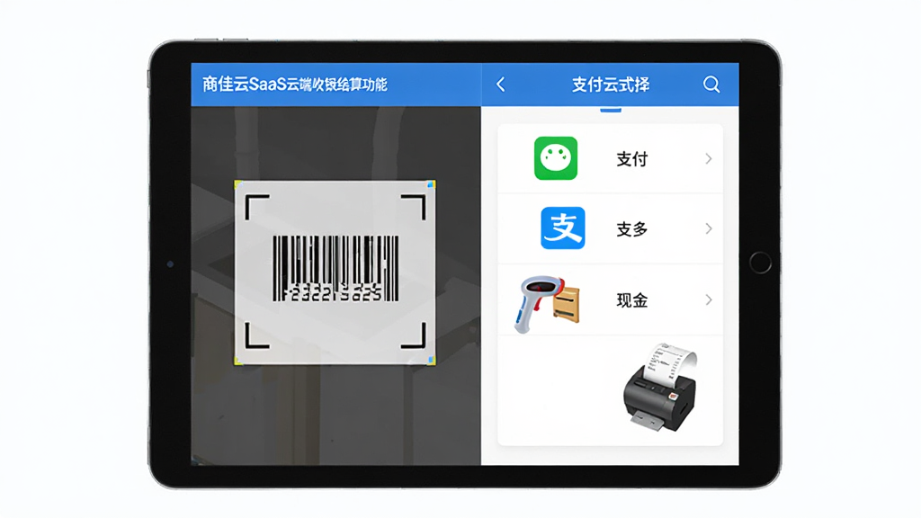 商佳云SaaS云端收银结算功能展示图,画面主体为安卓平板设备显示收银结算界面,布局采用左右分栏,左侧为商品扫码区域右侧为支付方式选择面板,排版整洁,风格为现代商务扁平风,细节包括微信支付图标、支付宝图标、现金图标、扫码枪、小票打印机,色调以蓝色和白色为主,画质高清干净无多余元素,图片中文字标注“商佳云SaaS”