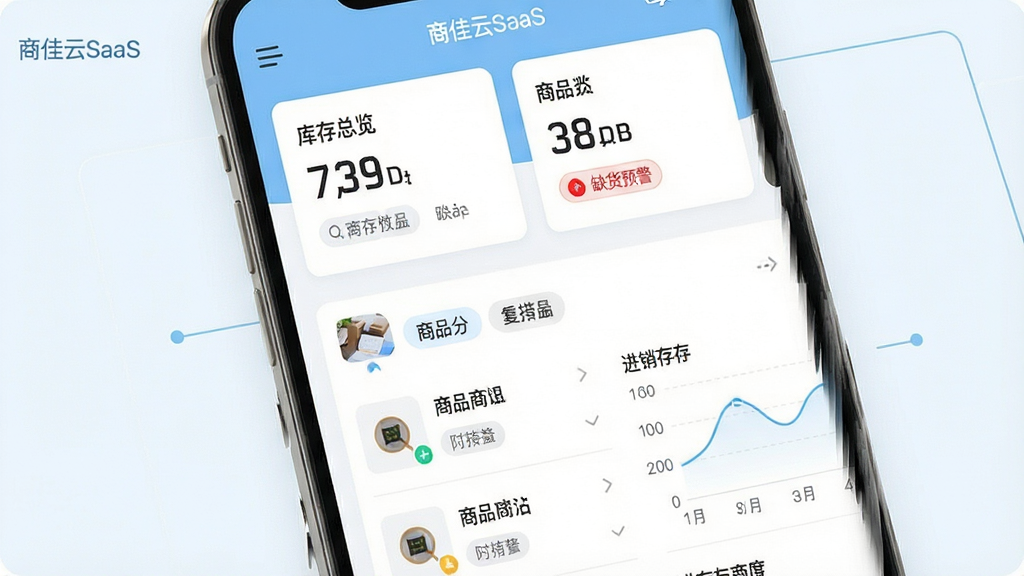 商佳云SaaS智能进销存管理界面图,画面主体为手机屏幕展示库存管理页面,布局采用上下结构上方为库存总览卡片下方为商品列表,排版清晰,风格为简约现代风,细节包括库存数量数字、缺货预警红色标识、商品分类标签、进销存曲线图,色调以浅蓝和白色为主,画质高清干净无多余元素,图片中文字标注“商佳云SaaS”