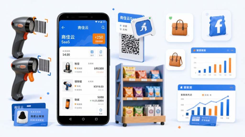 商佳云SaaS智慧门店管理软件主题图,画面主体为一部安卓手机展示商佳云SaaS收银界面,周围环绕商品扫码枪、收款码立牌、库存货架、会员卡等零售元素,整体布局采用居中构图手机位于画面中央偏左,右侧依次排列商品图标与数据图表,排版清晰有序,风格为现代扁平化科技风,细节包括手机屏幕显示收银台界面、商品列表、销售额数字,色调以蓝白为主搭配橙色点缀,画质高清干净无多余元素,图片中文字标注“商佳云SaaS”