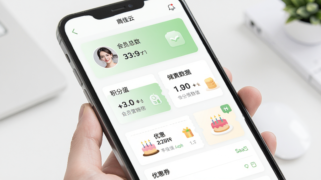 商佳云SaaS会员营销体系功能图,画面主体为手机展示会员管理界面,布局采用卡片式排列上方为会员总数卡片中间为积分与储值数据下方为优惠券列表,排版层次分明,风格为清新浅色商务风,细节包括会员头像、积分数字、优惠券图标、生日蛋糕图标,色调以白色和浅绿色为主,画质高清干净无多余元素,图片中文字标注“商佳云SaaS”