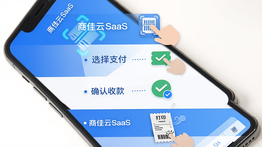 商佳云SaaS手机端收银操作步骤示意图,画面主体为手机屏幕展示收银操作流程,布局采用从上到下四个步骤排列分别为扫码、选择支付、确认收款、打印小票,排版清晰,风格为扁平化教程风,细节包括手指点击图标、扫码光线、支付成功勾选标记、小票打印动画,色调以蓝色和白色为主,画质高清干净无多余元素,图片中文字标注“商佳云SaaS”