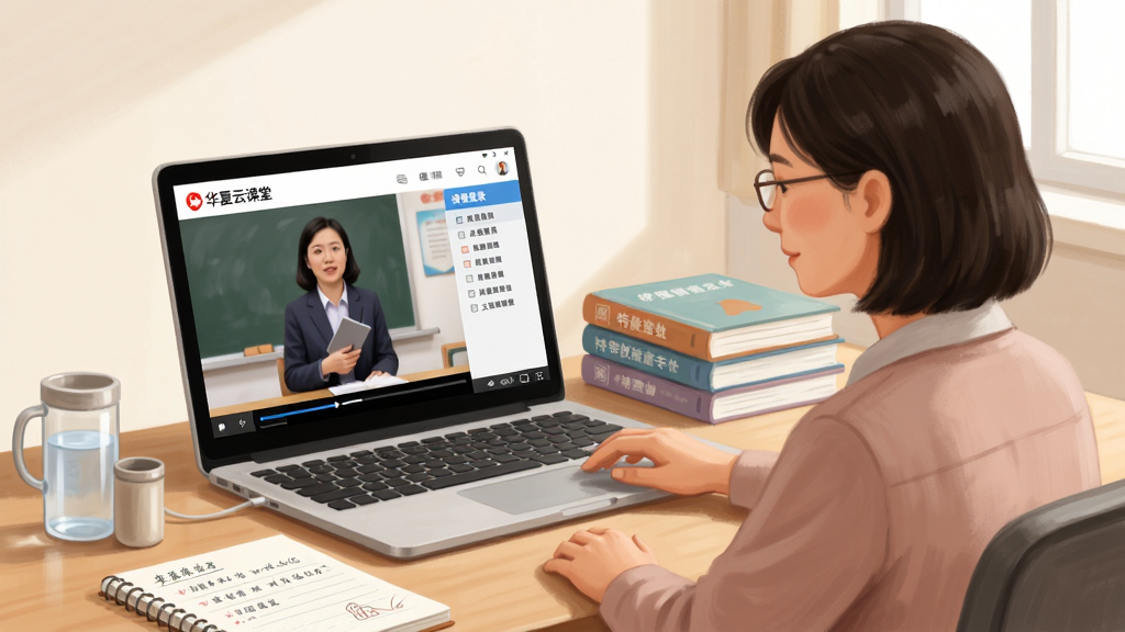 画面主体为一位特教老师坐在书桌前使用笔记本电脑观看“华夏云课堂”课程视频,屏幕中显示讲师授课画面与课程目录侧边栏。书桌上摆放着笔记本、水杯与一摞特教专业书籍。整体风格为写实插画,色调柔和明亮,细节包含屏幕中的“华夏云课堂”标识、课程进度条、笔记记录本,画质细腻干净,无多余元素。