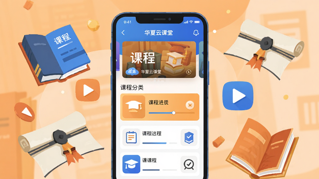 画面主体为一部智能手机,屏幕中央显示“华夏云课堂”应用界面,界面布局为顶部课程轮播图与下方课程分类列表,手机周围环绕漂浮的书籍、毕业证书、播放按钮图标。整体采用扁平化插画风格,色调以温暖橙色与科技蓝色为主,细节包含课程卡片、进度条、考试图标,画质清晰干净,无多余元素。