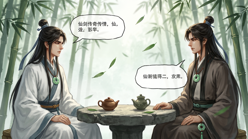 仙剑传奇剧情对话场景,主体是两位古装角色在竹林中对峙交谈,布局采用左右对称构图,排版注重人物面部表情与对话框位置,风格为唯美古风插画,细节包括飘落的竹叶、石桌上的茶具、角色腰间的玉佩,画质细腻干净无多余元素