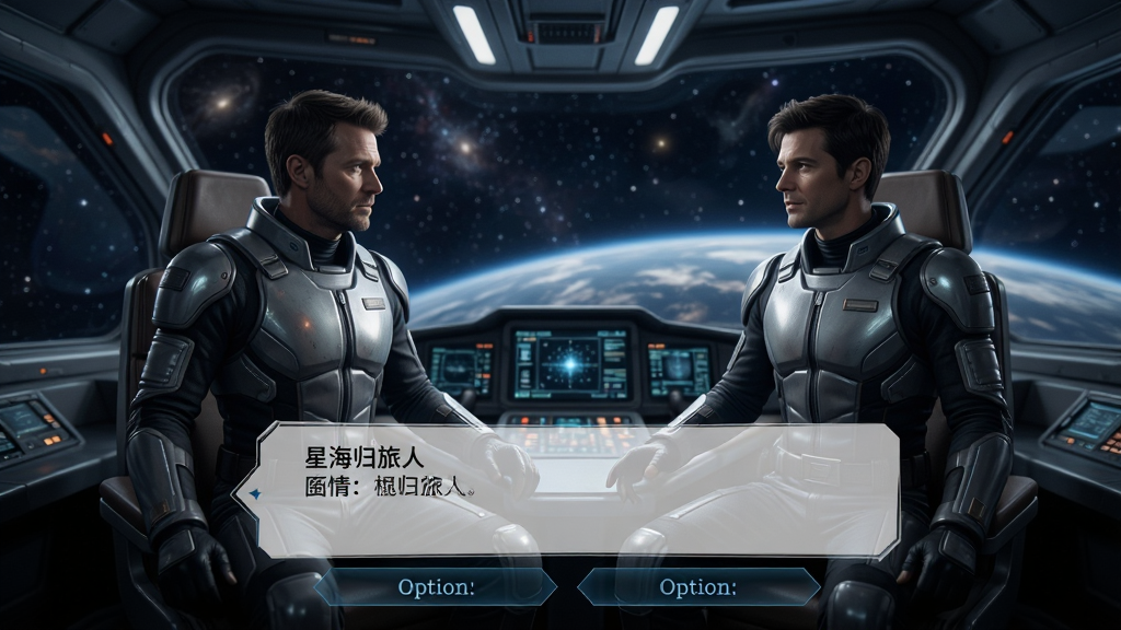星海归旅人剧情对话界面,画面中两位科幻角色在飞船驾驶舱内对话,背景是透明舷窗外的星空,界面下方是对话框与选项按钮,整体风格电影化,细节精致,画质高清,干净无多余元素