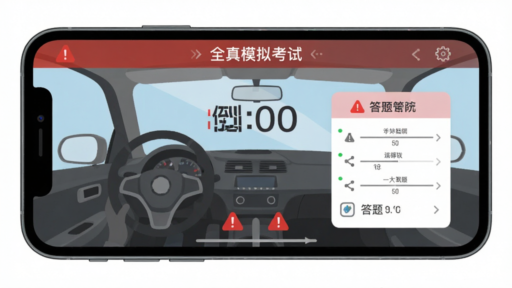 学驾通 全真模拟考试界面 手机横屏显示 倒计时与答题卡 红色警示色点缀 扁平化设计风格 高清细节 画面干净