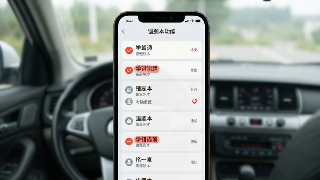 学驾通 错题本功能界面 手机竖屏展示 红色错题标记 列表式布局 浅色背景 简洁清晰 高清渲染