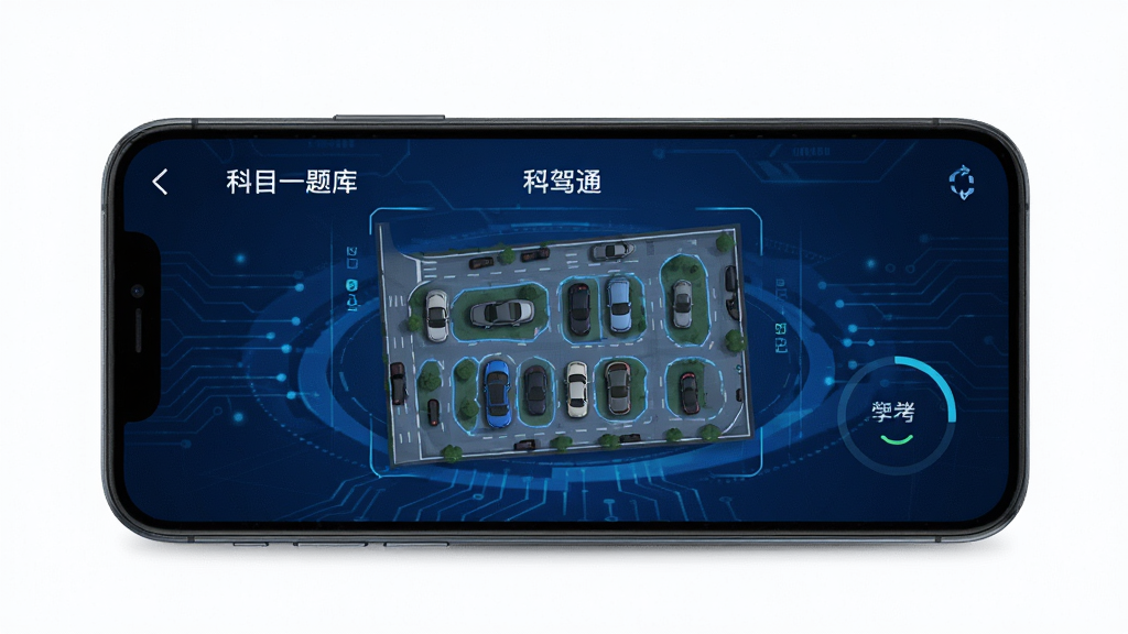学驾通 驾考模拟练习软件 手机屏幕展示 科目一题库界面 科目二场地俯视图 深蓝色科技感背景 简洁排版 高清画质 干净无多余元素