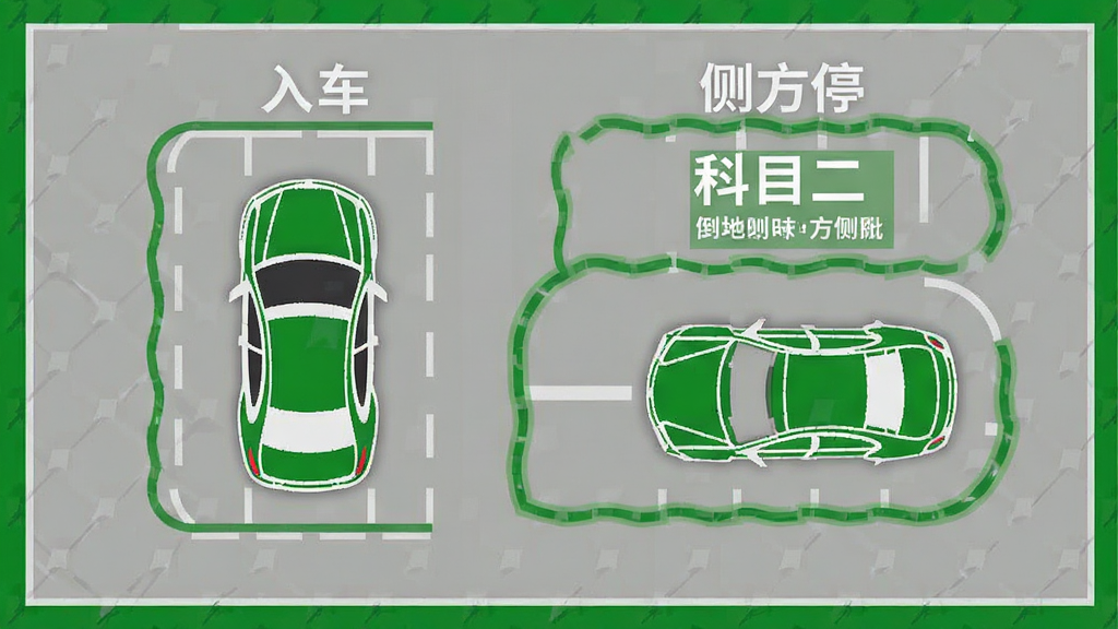 学驾通 科目二场地线路图 俯视视角 倒车入库与侧方停车区域标注 绿色与灰色搭配 教学示意图风格 高清画质 无杂乱元素