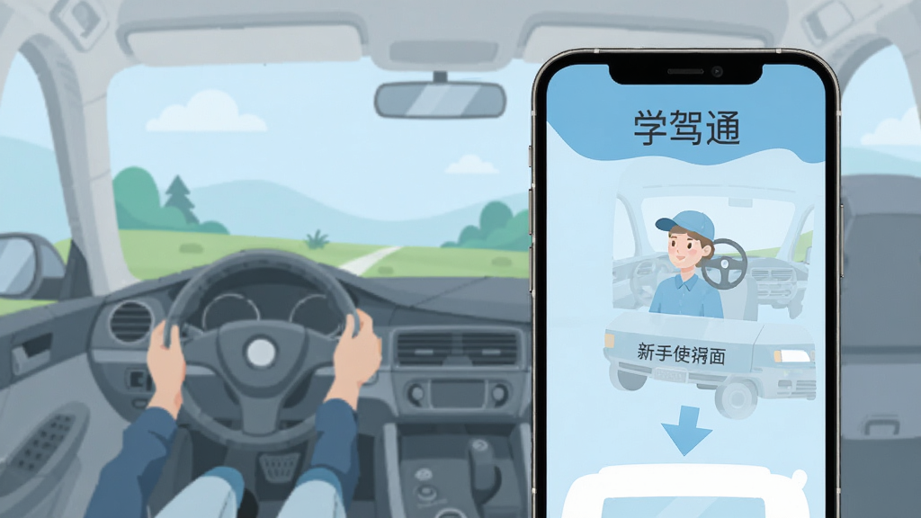 学驾通 新手使用界面 手机竖屏 步骤指引箭头 浅蓝色背景 扁平插画风格 高清画质 画面整洁