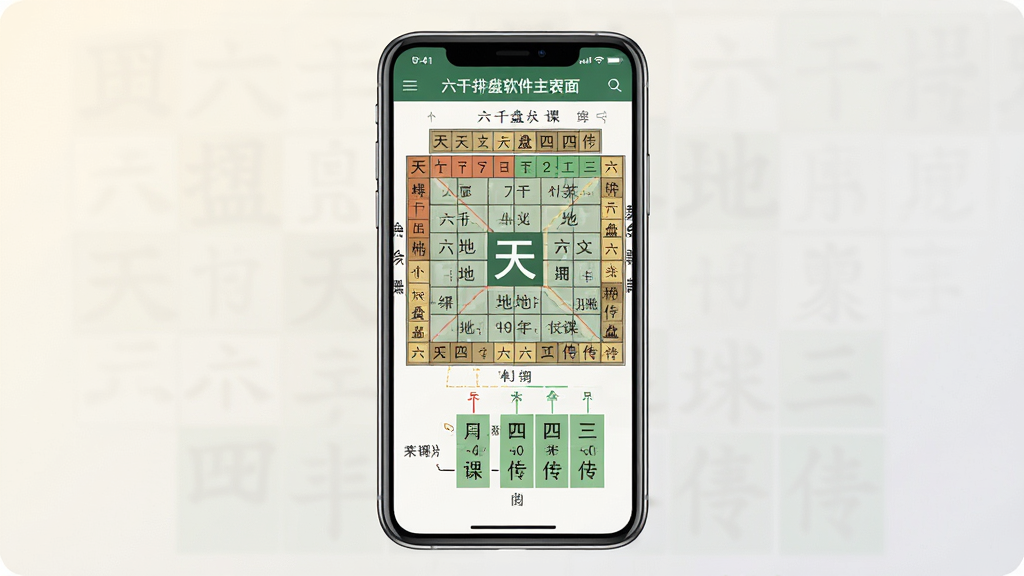 一张展示六壬排盘软件主界面的手机应用预览图,画面中央是一部竖屏智能手机,屏幕上显示着六壬排盘软件的课式网格界面,包含天盘地盘和四课三传的排版布局。背景为淡雅的米白色与浅灰色渐变,风格简约清晰,细节上突出软件界面的文字和网格线条,整体画质干净明亮,无多余装饰元素。