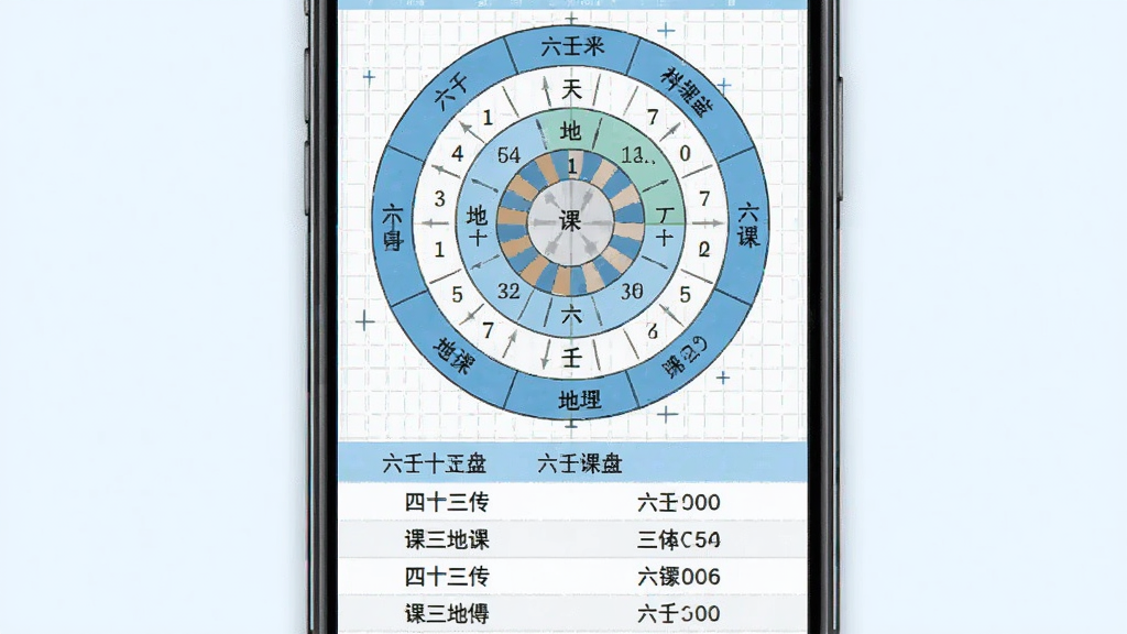 一张六壬排盘软件功能展示图,画面主体为手机屏幕上的六壬课式盘面,天盘地盘以同心圆方式排列,四课三传以文字列表形式展示在下方。画面采用浅蓝色与白色为主色调,风格偏向工具类应用截图,细节上突出网格线和文字标注,整体画质清晰干净,无多余元素。