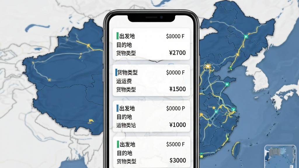 营家物流货源列表页面,画面展示手机屏幕中滚动显示的货源信息卡片,每张卡片包含出发地、目的地、货物类型和运费,背景为中国地图路线网络,布局为纵向列表排版,风格为扁平化商务设计,细节上体现货源丰富和信息清晰,画质高清,画面干净,无多余元素