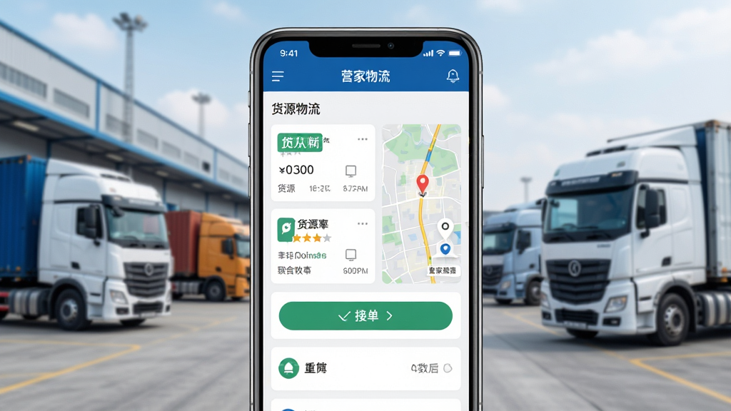 营家物流APP主界面展示,画面中央放置一部智能手机,屏幕显示营家物流应用首页,包含货源列表、接单按钮、地图导航等功能模块,背景为物流园区与货车场景,整体布局清晰,排版简洁,风格为现代商务科技风,细节上突出手机屏幕内容与物流元素,画质高清,画面干净,无多余元素