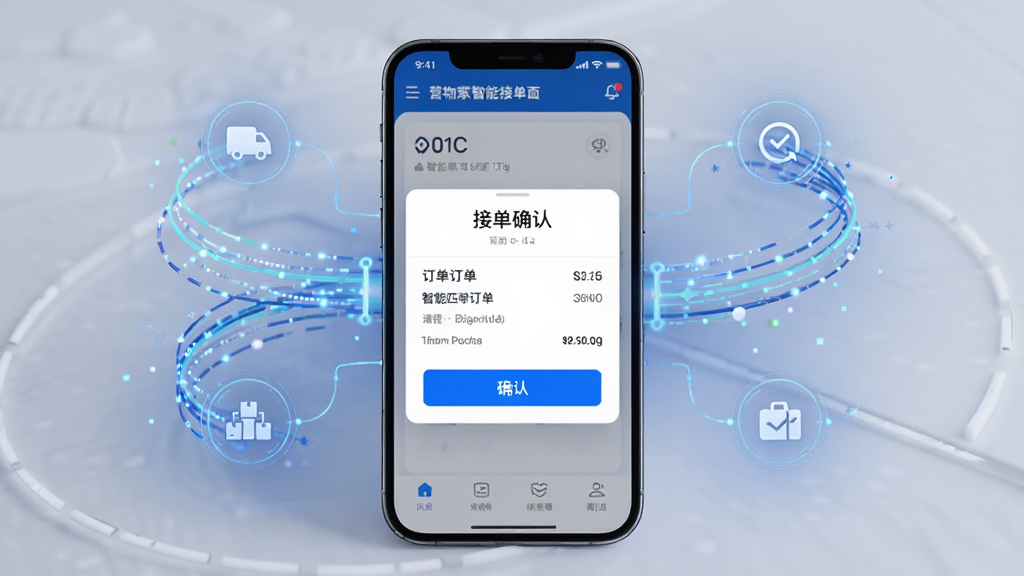 营家物流智能接单界面,画面中央展示手机屏幕中的接单确认弹窗,包含订单详情和确认按钮,周围环绕数据流和匹配图标,布局为居中聚焦排版,风格为科技感UI设计,细节上突出智能匹配和一键操作,画质高清,画面干净,无多余元素